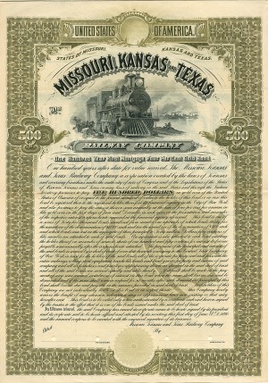 Missouri, Kansas and Texas Railway Co. - "The Katy" - 1890 dated Railroad Specimen Bond